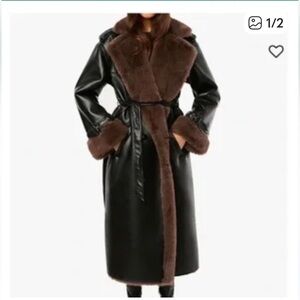 Black Faux Leather Trench Coat with Brown Faux Fur Trim small